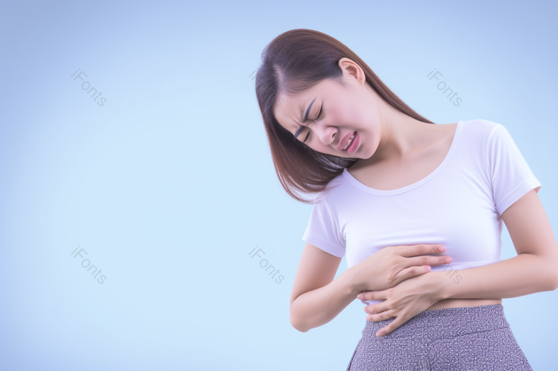 蓝色摄影图居家的女人胃痛的表情背景,高清,摄影图,摄影图片,图片大全,摄影图免费下载